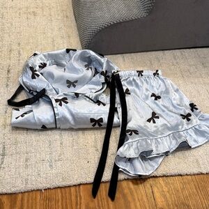 Light Blue Satin Bow-Print Pajama Set with Black Trim